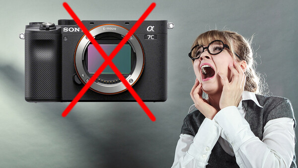 Sony α7C camera body with red X marks overlaid on the lens mount and body.