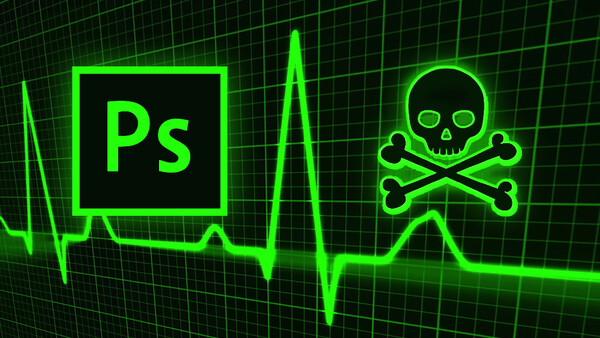 Graphic illustration showing the Photoshop logo with a skull and crossbones symbol on a neon green heartbeat monitor line against a dark grid background.
