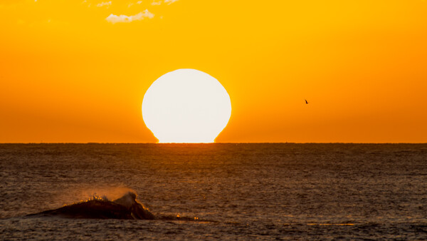Large sun touching the ocean horizon at sunset, with a silhouetted rock formation in the foreground.
