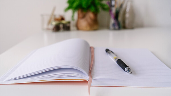 Open notebook with blank pages and a pen resting on the right side, photographed from above with potted plants blurred in the background.