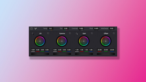 Screenshot of a four-channel color correction interface with circular tone wheels for Lift, Gamma, Gain, and Offset adjustments.