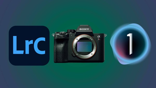 Graphic showing Lightroom Classic logo, Sony Alpha mirrorless camera body, and Capture One software icon on teal gradient background.