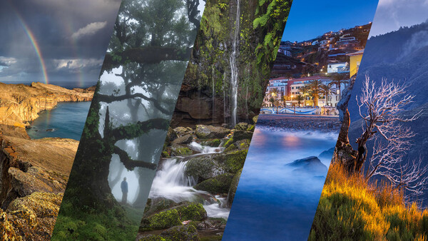 Composite photograph featuring four distinct landscape scenes: golden cliffs with rainbow, misty forest waterfall, illuminated lakeside temple at dusk, and moody mountain valley with bare tree.