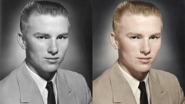 Side-by-side comparison of black and white portrait and colorized version of same man in suit and tie.