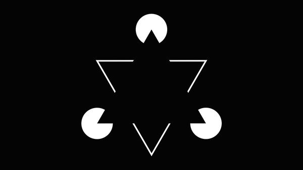 Graphic illustration of a geometric symbol featuring a circle at top, triangular shapes on sides, and crescent moon shapes at bottom arranged in a symmetrical pattern.