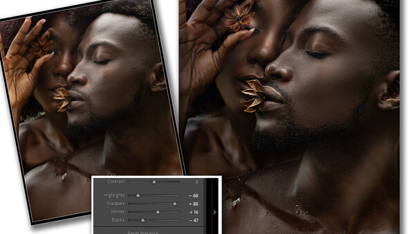 Split-screen comparison of portrait retouching showing before and after versions with adjustment panel displayed.