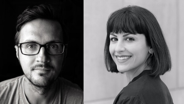 Two black and white portrait photographs side by side showing a man wearing glasses on the left and a woman on the right.