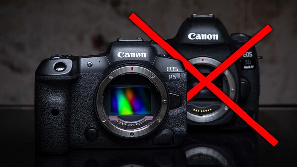 Canon EOS R5 mirrorless camera with visible sensor and rainbow spectrum display, next to crossed-out EOS R Mark II.