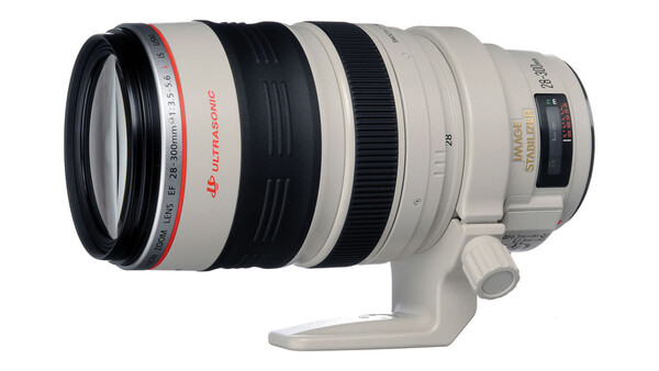 Canon EF 70-200mm f/2.8L telephoto zoom lens with white barrel and red text marking.