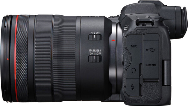 Canon EOS R5C mirrorless camera with RF 24-105mm f/2.8L IS USM lens mounted, shown from side profile against white background.