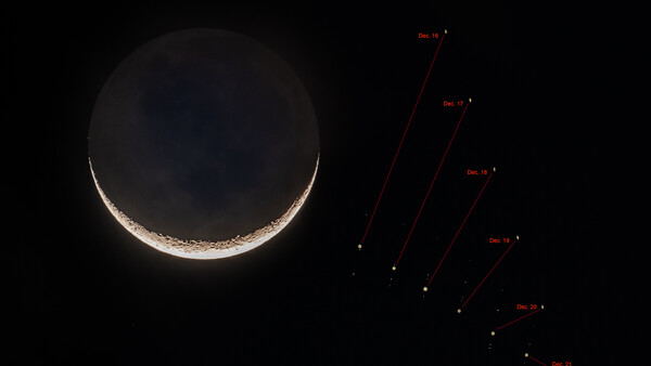 Crescent moon with labeled stars and celestial objects marked with red text annotations.
