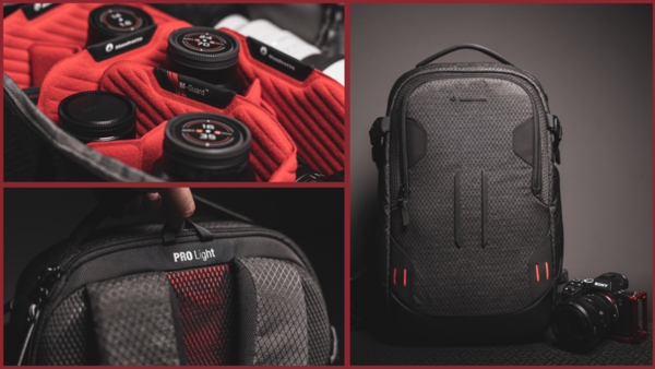 Professional camera backpack with modular red interior compartments and weatherproof exterior design.