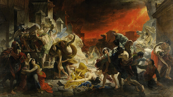 Baroque painting depicting a chaotic scene with elephants, soldiers, and civilians amid burning buildings and dramatic orange sky.