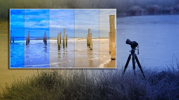 Camera on tripod beside a multi-panel photograph showing wooden pilings transitioning from water to beach at different exposures.