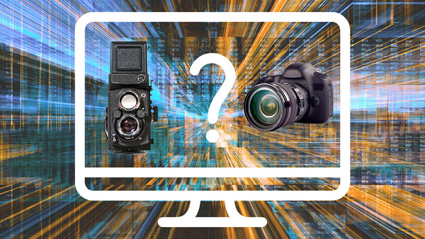 Graphic comparing a vintage twin-lens reflex camera and a modern digital SLR camera with a question mark between them on a monitor screen.