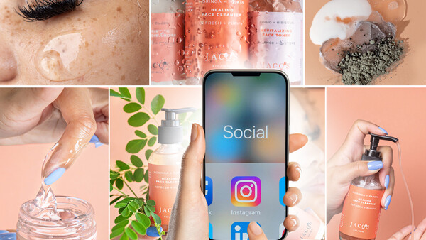 Collage of beauty and skincare product photography with smartphone displaying social media icons.