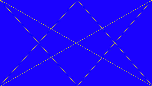 Geometric illustration with overlapping triangles and intersecting lines on a solid blue background.