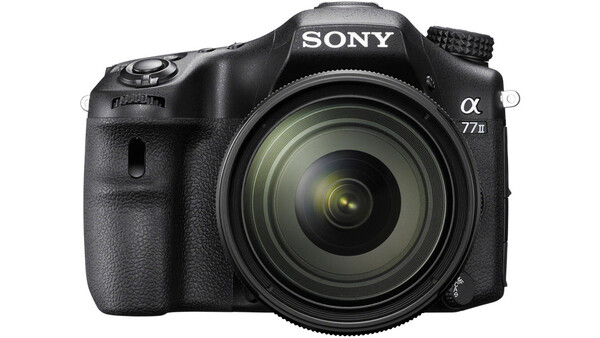 Sony Alpha a77 II DSLR camera with attached telephoto zoom lens, shown against white background.