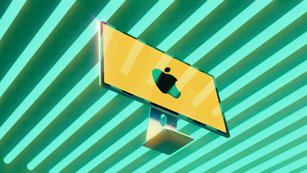 Illustration of a yellow computer monitor with the Apple logo displayed on its screen, set against a vibrant turquoise striped background.