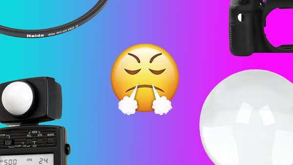 Frustrated emoji surrounded by photography equipment on a gradient background.