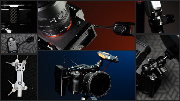Collage of cinema camera equipment including a cinema camera body with lens, gimbal stabilizer, and mounting accessories against dark and colored backgrounds.