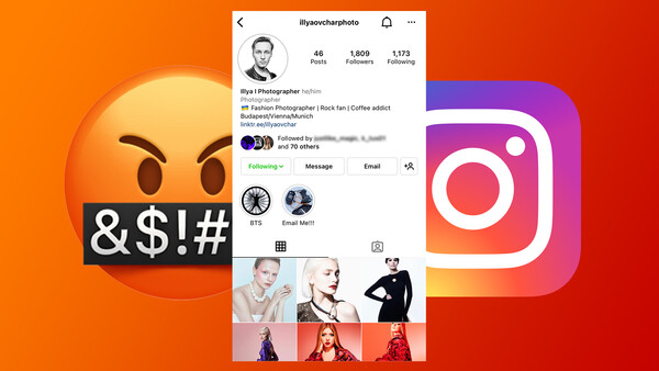 Screenshot of an Instagram profile page with angry emoji and censored text overlay.
