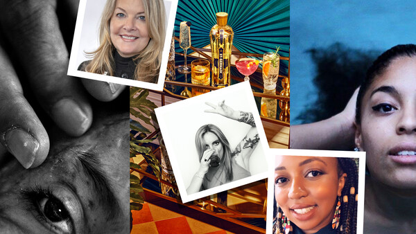 Collage featuring portrait photographs, a dog's face, sketch artwork, and golden-hour beverage photography arranged with geometric layouts.