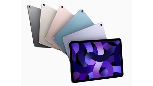 Illustration of tablet devices arranged in a fan display showing multiple color options and a purple abstract wallpaper on the front screen.