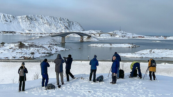 Group of photographers with tripods and equipment standing on snowy ground overlooking a frozen bay with a bridge and snow-covered mountains.