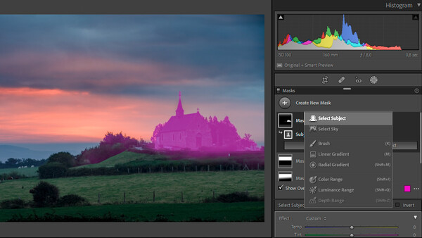 Screenshot of photo editing software showing a landscape with magenta-colored castle and gradient masks applied.