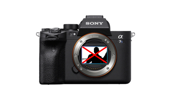 Sony a7r IV mirrorless camera with red X symbol overlaid on the sensor.