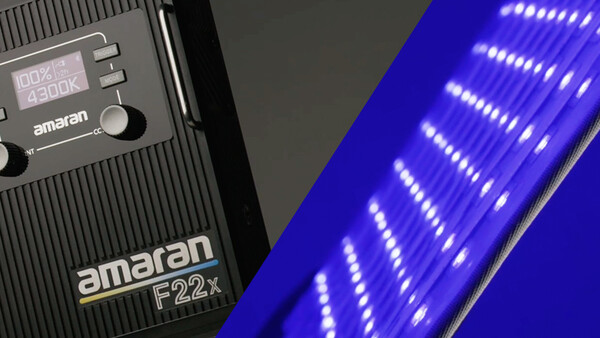 Amaran F22x LED light panel next to Amaran 300d K control unit against gray background.