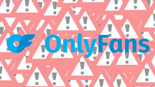 OnlyFans logo displayed over a pink and white repeating pattern of warning triangles and coffin icons.