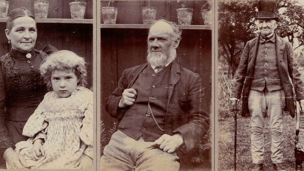 Three sepia-toned portrait photographs from the Victorian era showing different subjects in formal dress.