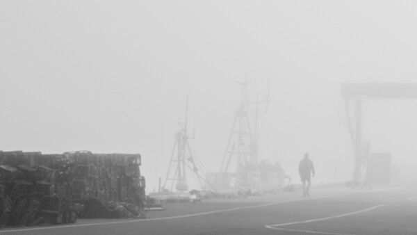 Foggy industrial harbor with a silhouetted figure standing on a wet road among cranes and stacked materials.