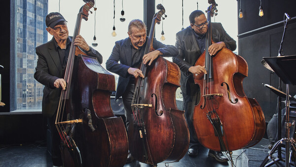 Four musicians playing cellos in a modern studio with floor-to-ceiling windows and pendant lighting.