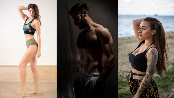 Three portrait photographs showing fitness and bodybuilding subjects in different lighting and outdoor settings.