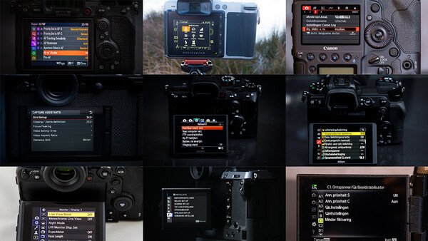 Screenshot grid showing camera menu interfaces and LCD displays from various DSLR and mirrorless models.
