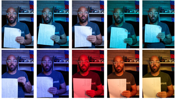 Color grading comparison grid showing same portrait with different color treatments applied.