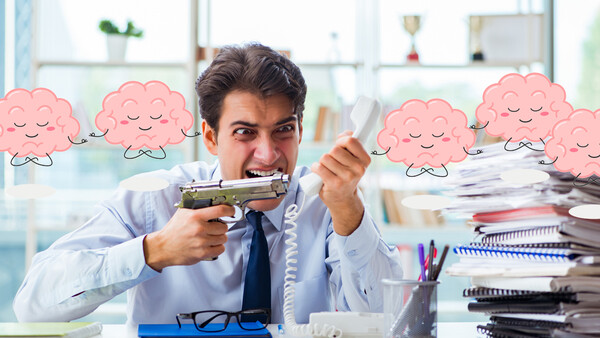 Illustration of a man in business attire aiming a pistol at cheerful cartoon brain characters.