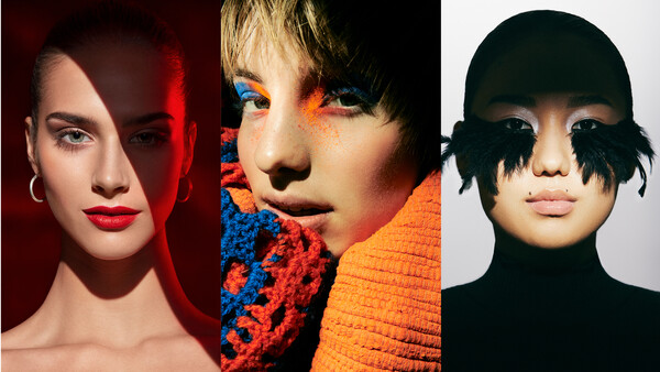 Three portrait studies demonstrating bold lighting and color grading techniques with dramatic side lighting and contrasting backgrounds.