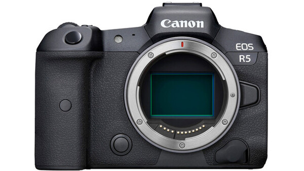 Canon EOS R5 mirrorless camera body with open sensor and mirror mechanism visible.