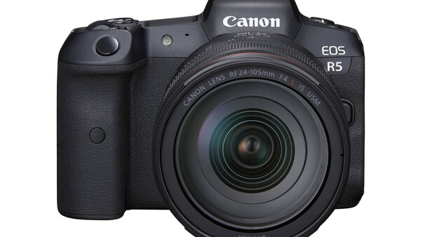 Canon EOS R5 mirrorless camera with RF 24-105mm lens attached, displayed against white background.
