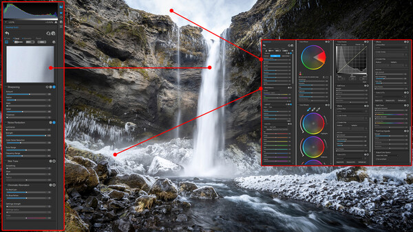 Screenshot of photo editing software displaying a waterfall landscape with adjustment panels and color wheels visible.