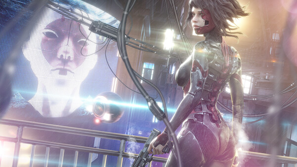 Illustration of a cyberpunk character in a neon-lit urban environment with holographic displays.