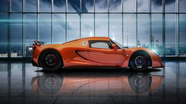 Orange sports car positioned in profile against floor-to-ceiling windows overlooking a city skyline.