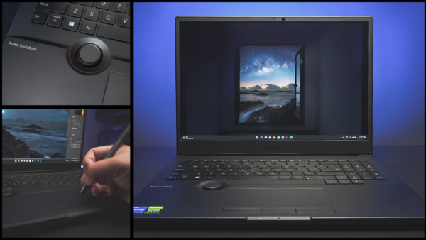 Laptop displaying landscape photo editing software with detail shots of keyboard trackpad and hands working on image.