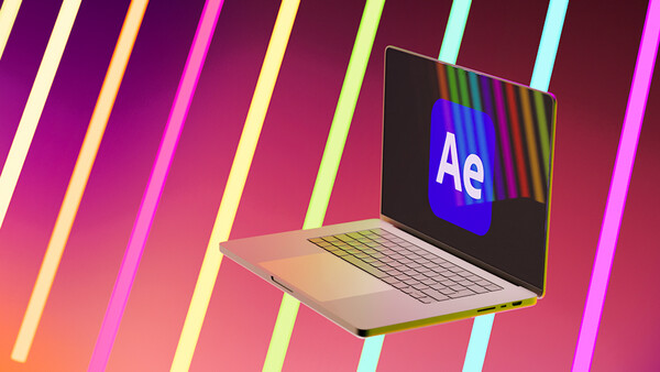 Laptop displaying After Effects interface against colorful neon striped background.