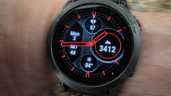 Smartwatch display showing time 3412 with step counter, weather, and day of week information.