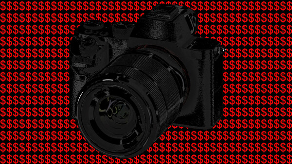 Professional camera with large telephoto lens centered against red dollar sign pattern background.